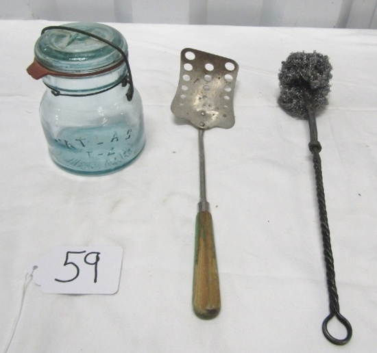 Vtg Kitchen Items: Atlas Clamp Top Jar, Green Handled Spatula And A Scrubber