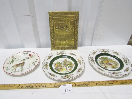 3 Vtg Porcelain Collectible Wall Plates And A Brass Wall Plaque W/ Embossed Prayer