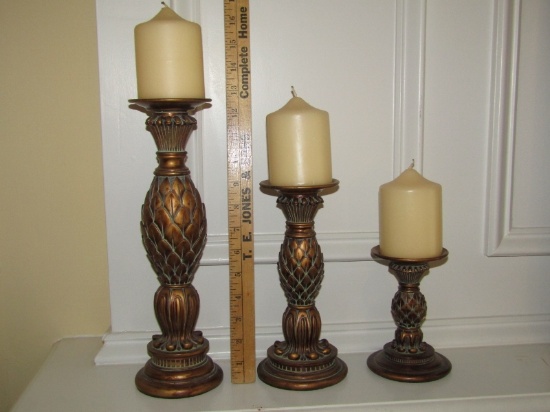 3 Pineapple Themed Pillar Candle Holders W/ Candles