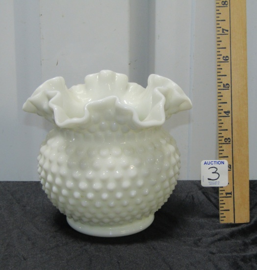 Vtg Fenton Hobnail White Milk Glass Vase W/ Ruffled Rim