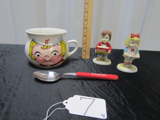 Campbell's Soup Lot: Soup Bowl, Spoon And Campbell's Kids Figurines