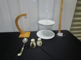 Wooden Banana Holder, Metal 2 Tiered Tray, Porcelain Spode Tomato Spoon and