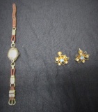 Vtg Art Deco Benrus Ladies Watch And A Set Of Rhinestone Filled Earrings By
