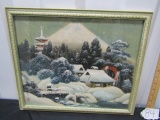 Vtg Japanese Framed Print Of A Japanese Village W/ Mt. Fuji In Background