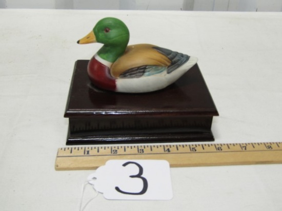 Wooden Card Box W/ Porcelain Duck Handle And 2 New Decks Of Cards