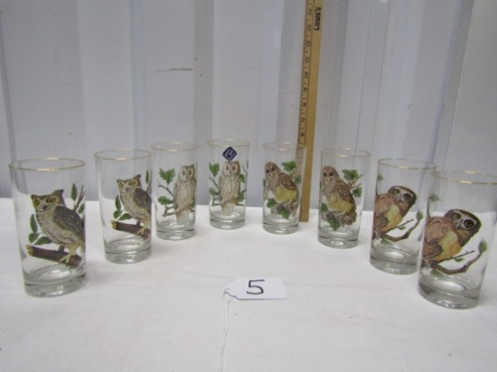 Set Of 8 Tea Glasses Featuring Owls From China Hall, Charleston, S C