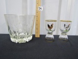 Vtg Etched Lead Crystal Ice Bucket And 2 Libation Glasses W/ Chickens