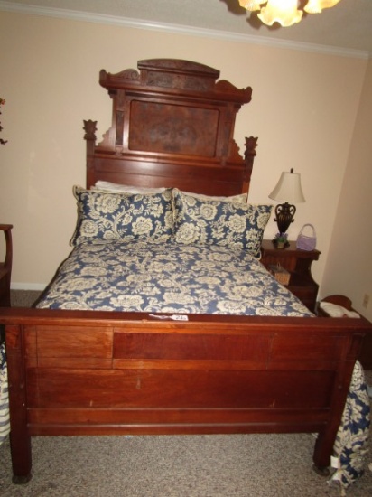 Antique Eastlake Burl Mahogany Full Size Bed W/ High Headboard (LOCAL PICK UP ONLY)