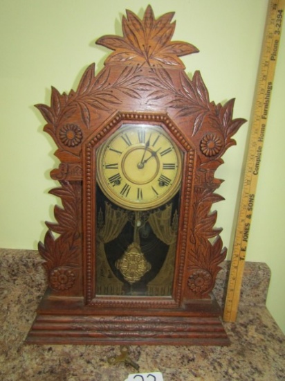 Antique Gingerbread Mantle Clock W/ Key And Pendulum