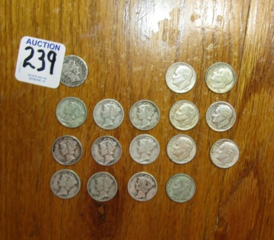 1 Barber Dime, 9 Mercury Dimes And 7 Roosevelt Silver Dimes