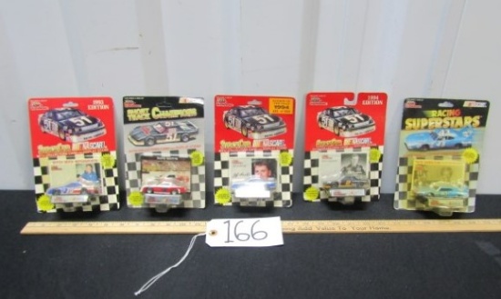 5 N I B Vtg 1993 And 1994 Diecast Race Cars W/ Trading Card And Stand