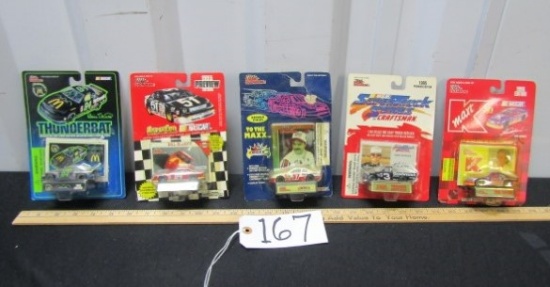 5 N I B Vtg 1995 And 1996 Diecast Race Cars W/ Trading Card And Stand