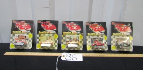 5 N I B Vtg 1991 1:64 Scale Diecast Race Cars W/ Trading Card And Stand