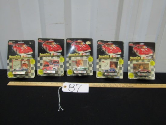 5 N I B Vtg 1991 1:64 Scale Diecast Race Cars W/ Trading Card And Stand
