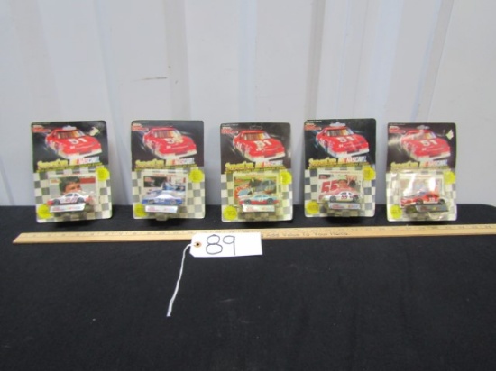 5 N I B Vtg 1991 1:64 Scale Diecast Race Cars W/ Trading Card And Stand