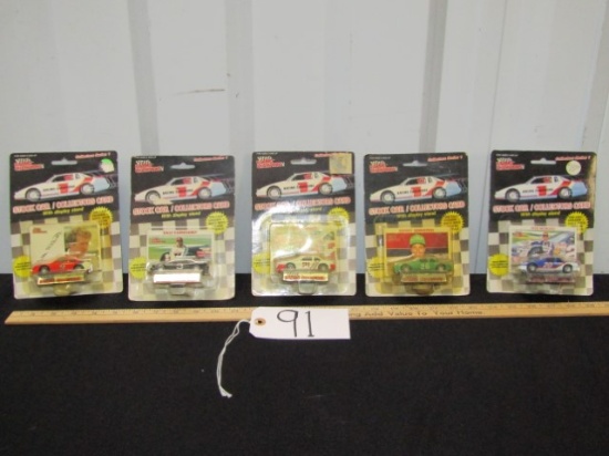 5 N I B Vtg 1989 1:64 Scale Diecast Race Cars W/ Trading Card And Stand