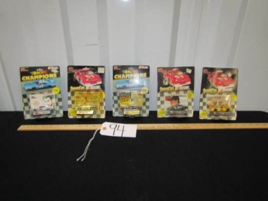 5 N I B Vtg 1991 1:64 Scale Diecast Race Cars W/ Trading Card And Stand