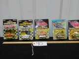 5 N I B Vtg 1992 1:64 Scale Diecast Race Cars W/ Trading Card And Stand