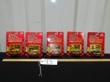 5 N I B Vtg 1996 1:64 Scale Diecast Race Cars W/ Trading Card And Stand