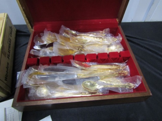 Never Used 66 Piece Gold Plated Flatware Set W/ Wooden Box