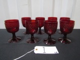 Set Of 8 Ruby Red Hobnail Glass Goblets