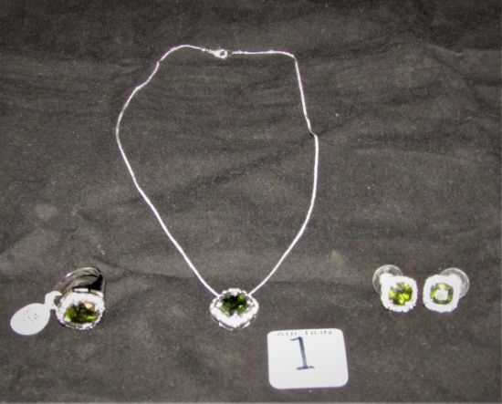 Matching Necklace, Ring And Earrings In Silver Tone W/ Purple Anethyst