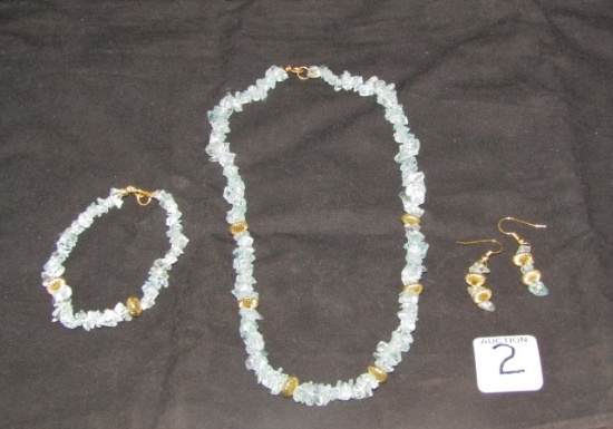 Matching Necklace, Bracelet And Earrings W/ Genuine Blue Topaz Gemstones