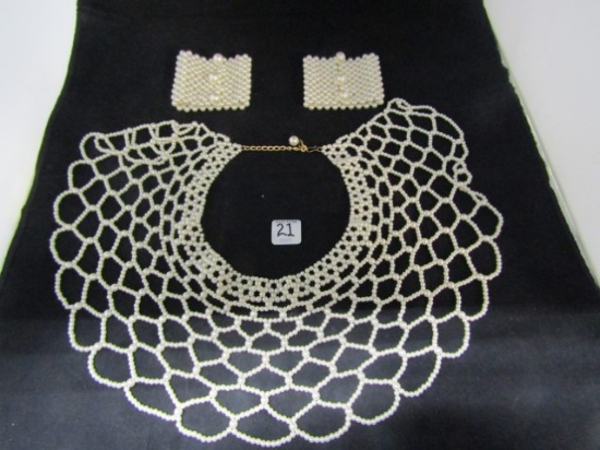 Faux Pearl Bib Necklace W/ Matching Cuff Bracelets