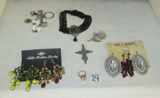 Nice Little Lot Of Costume Jewelry: Flower Brooch, Earrimgs, Choker, Ring,