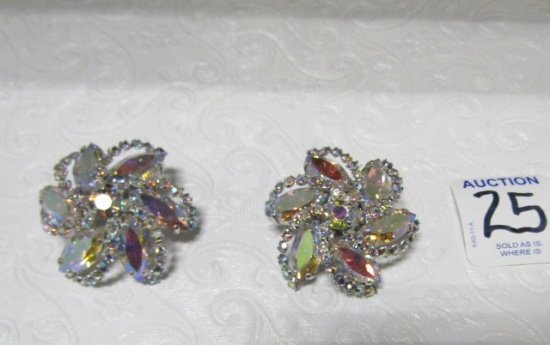 Vtg Weiss Signed Aurora Borealis Clip On Earrings