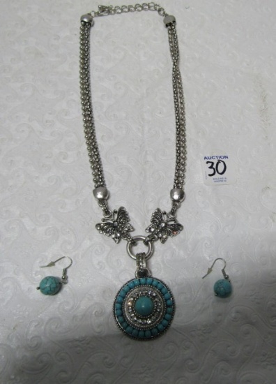 Silver Tone Turqoise And Crystals Necklace And Matching Earrings