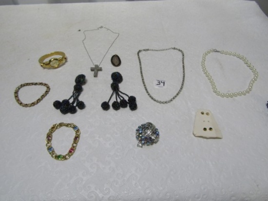 Miscellaneous Jewelry Lot: Necklaces, Bracelets, Peugot Watch, Brooch And