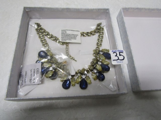 N I B Silver Tone Necklace W/ Matching Earrings And Lots Of Blue And Clear Rhinestones
