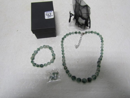 N I B Matching Set Necklace, Earrings And Bracelet W/ Jade Colored Stones