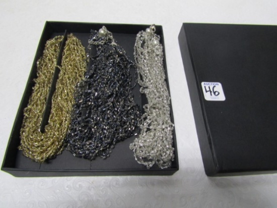 3 Multi Strand Beaded Necklaces: Gold, Black And Silver