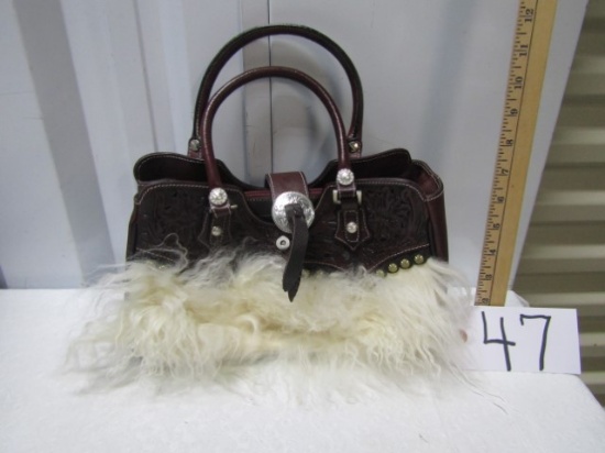 Gently Used Ladies Handbag W/ Tooled Leather And Fur By Montana Silversmiths
