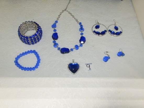 Matching Set: 2 Bracelets, Necklace, Pendant And 2 Sets Of Earrings W/ Royal Blue Stones
