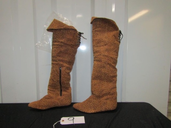 Ladies Gently Used Over The Calf Leather Boots W/ Leopard Print