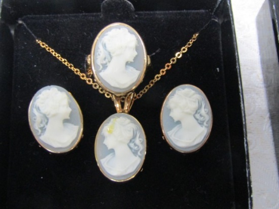 Electroplated Gold W/ Cameo Ring, Earrings And Necklace Set