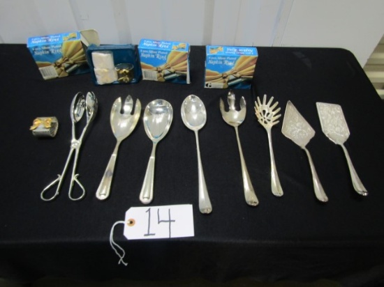 8 Silver Plated Kitchen Utensils And 12 Silver Plated Napkin Rings