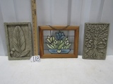 2 Wall Hanging Decorative Plaques And A Framed Stained Glass Window Hanging
