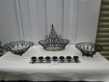 Nice Wrought Iron Lot: Basket, Display Bowls And Candle Holder
