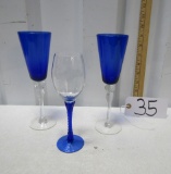 3 Blue And Clear Wine / Champagne Glasses