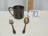 Antique Silver Plated Baby's First Cup, Fork And Spoon