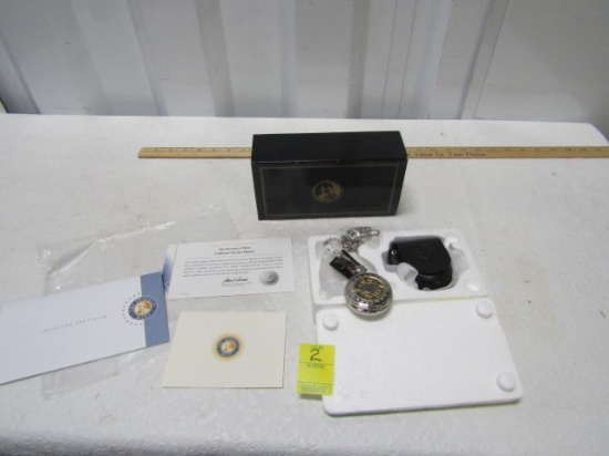 N I B Franklin Mint Harley Davidson Pocket Watch, Watch Chain And Leather Watch Case