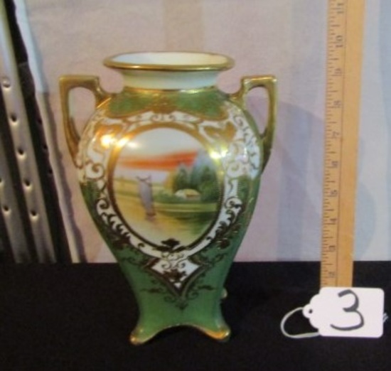 Antique Nippon Morimura Hand Painted Double Handled Porcelain Vase
