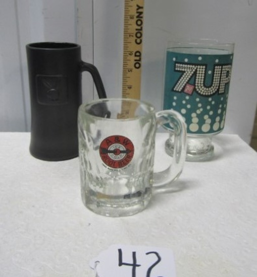 Playboy Beer Mug, Vtg A And W Root Beer Mug And A Vtg 7 Up Large Glass