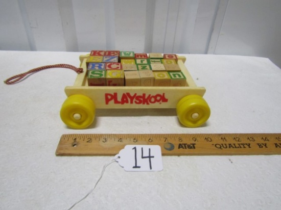 Vtg Playskool Blocks And Wagon Pull Toy