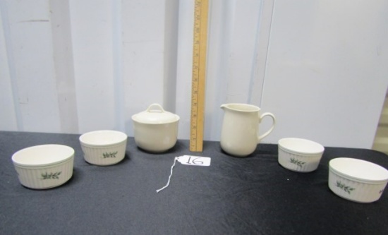 Corning Ware Sugar Bowl And Creamer And 4 Cršme Brulee Bowls By Nikko Japan