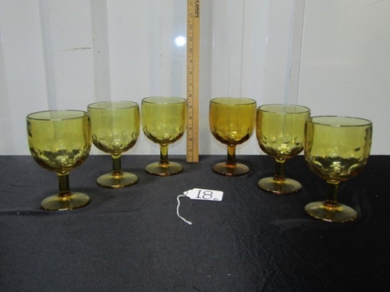 Set Of 6 King's Thumbprint Amber Colored Goblets